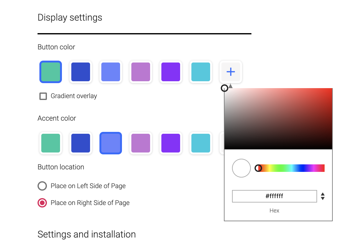 Screenshot of sayso display settings, including button and accent colors.