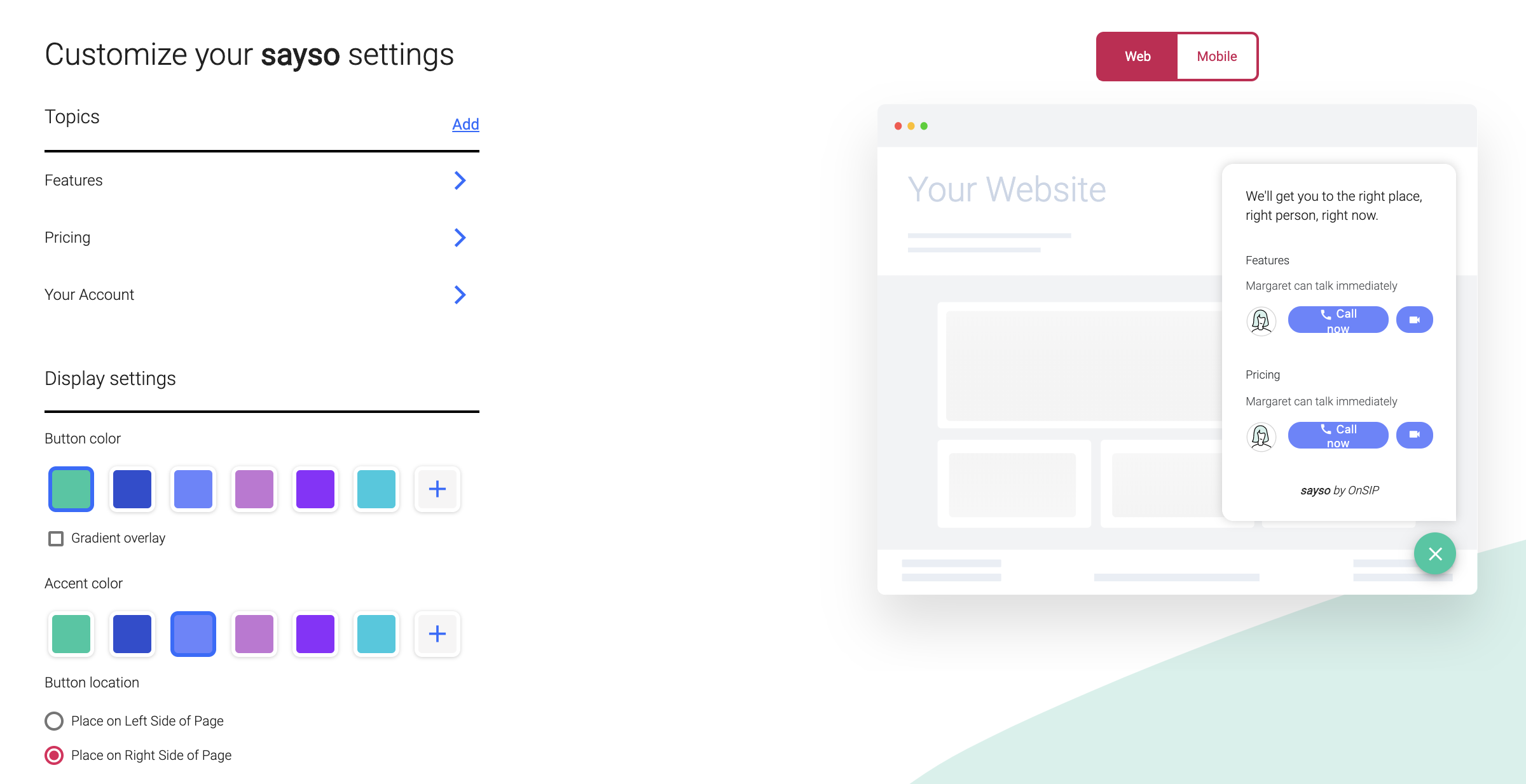 sayso settings screenshot showing customization options.