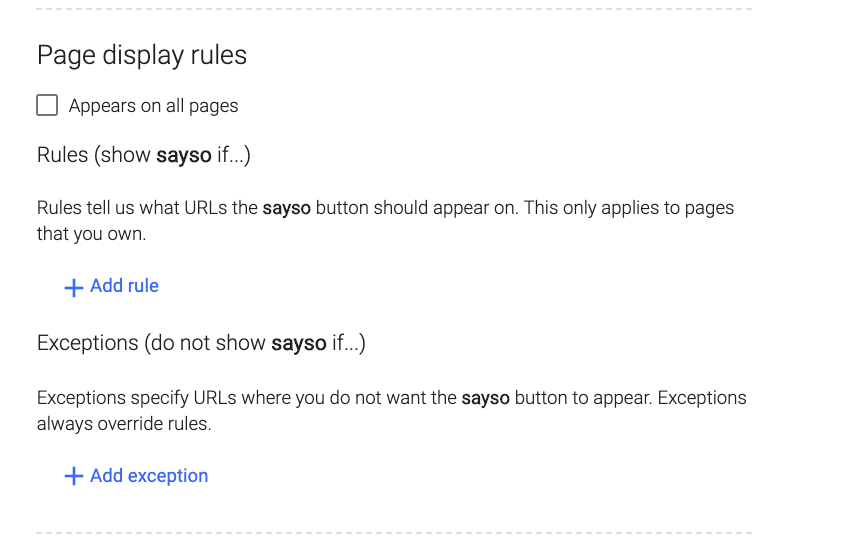 sayso settings screenshot showing page display rules.