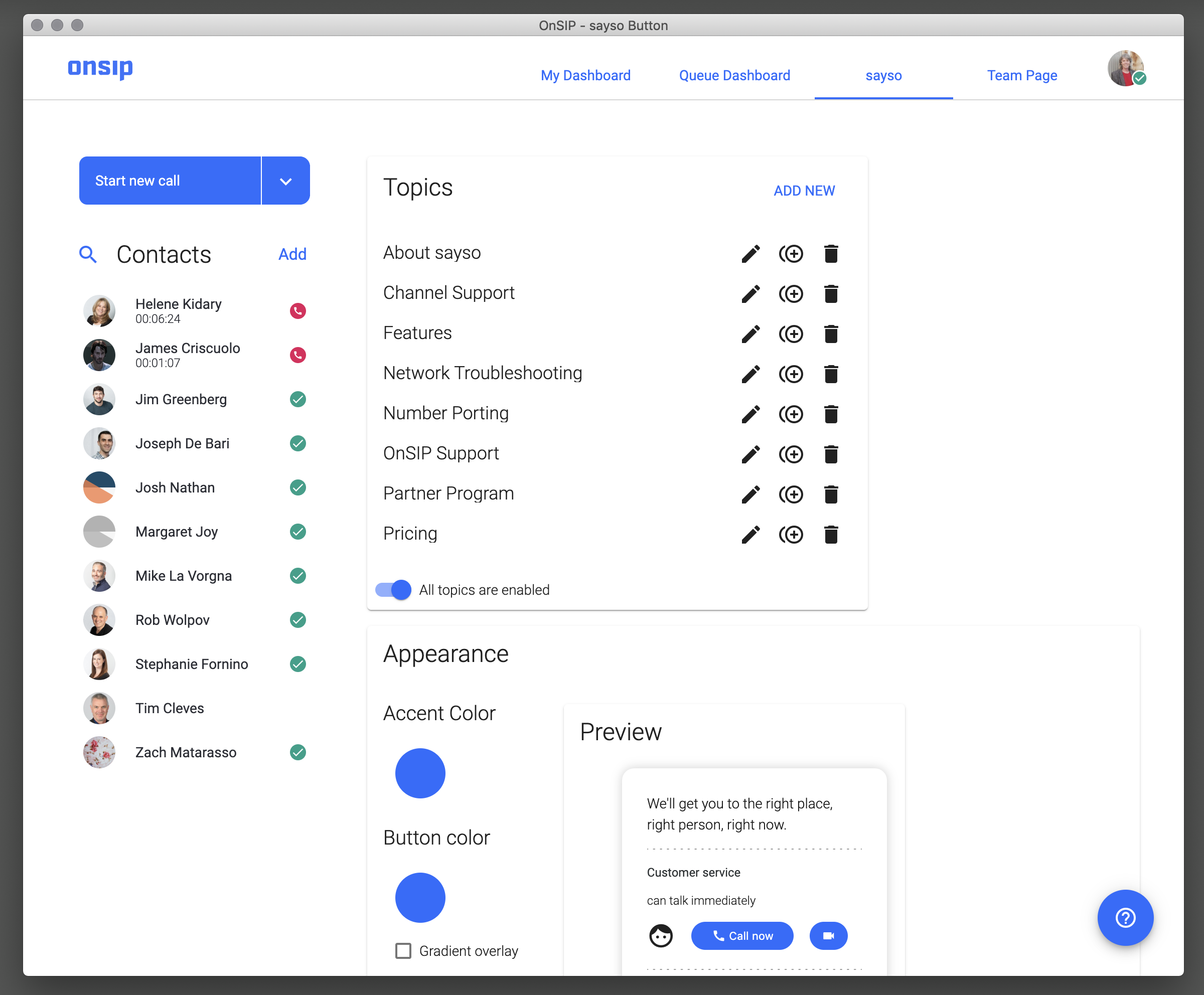 Screenshot showing sayso settings in the OnSIP app.