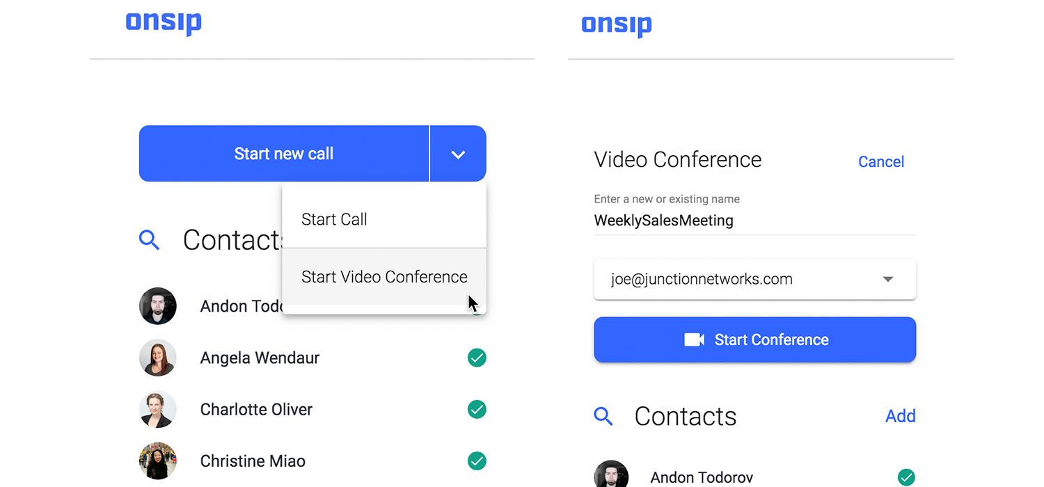 Screenshot showing how to start a video conference in the OnSIP app.