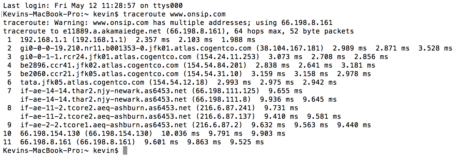 Sample traceroute to www.onsip.com