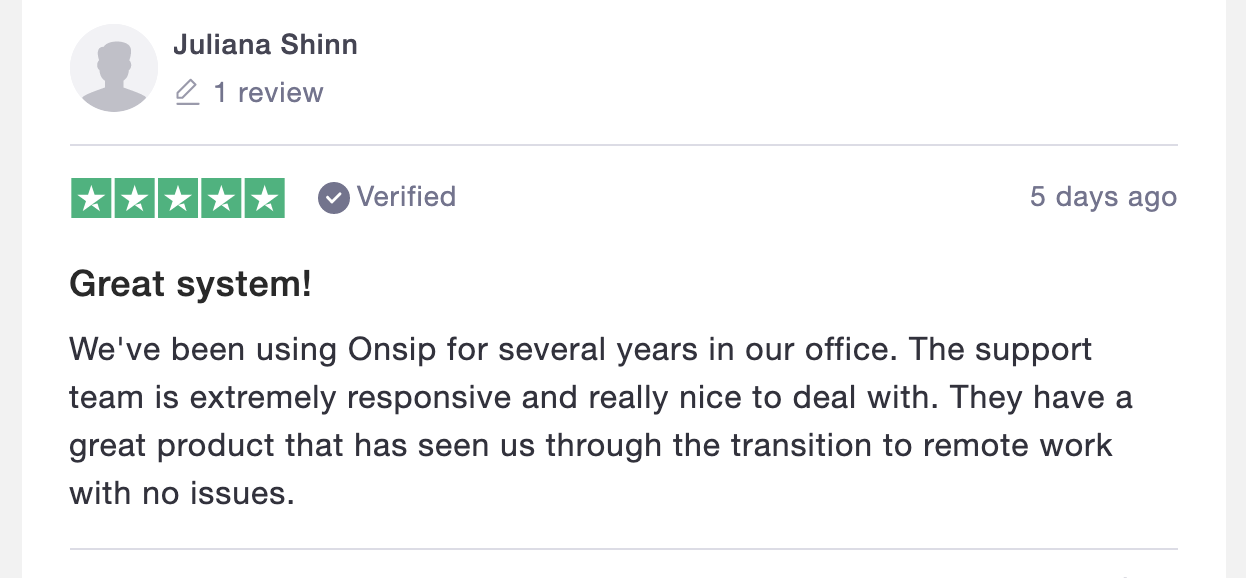 screenshot of an OnSIP Trustpilot review describing how it aided the shift to remote work in 2020.