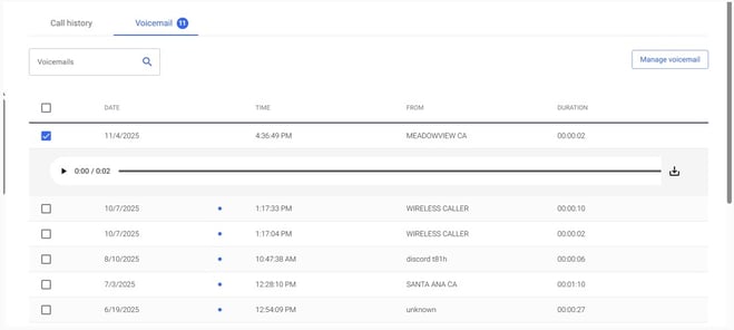 Screenshot of the voicemail section in the OnSIP desktop app.