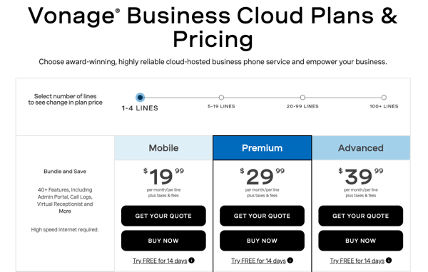 Vonage Business Cloud pricing plans