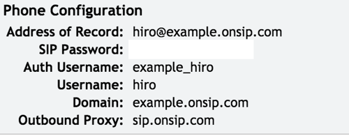 Sample phone configuration user details in OnSIP Admin Portal