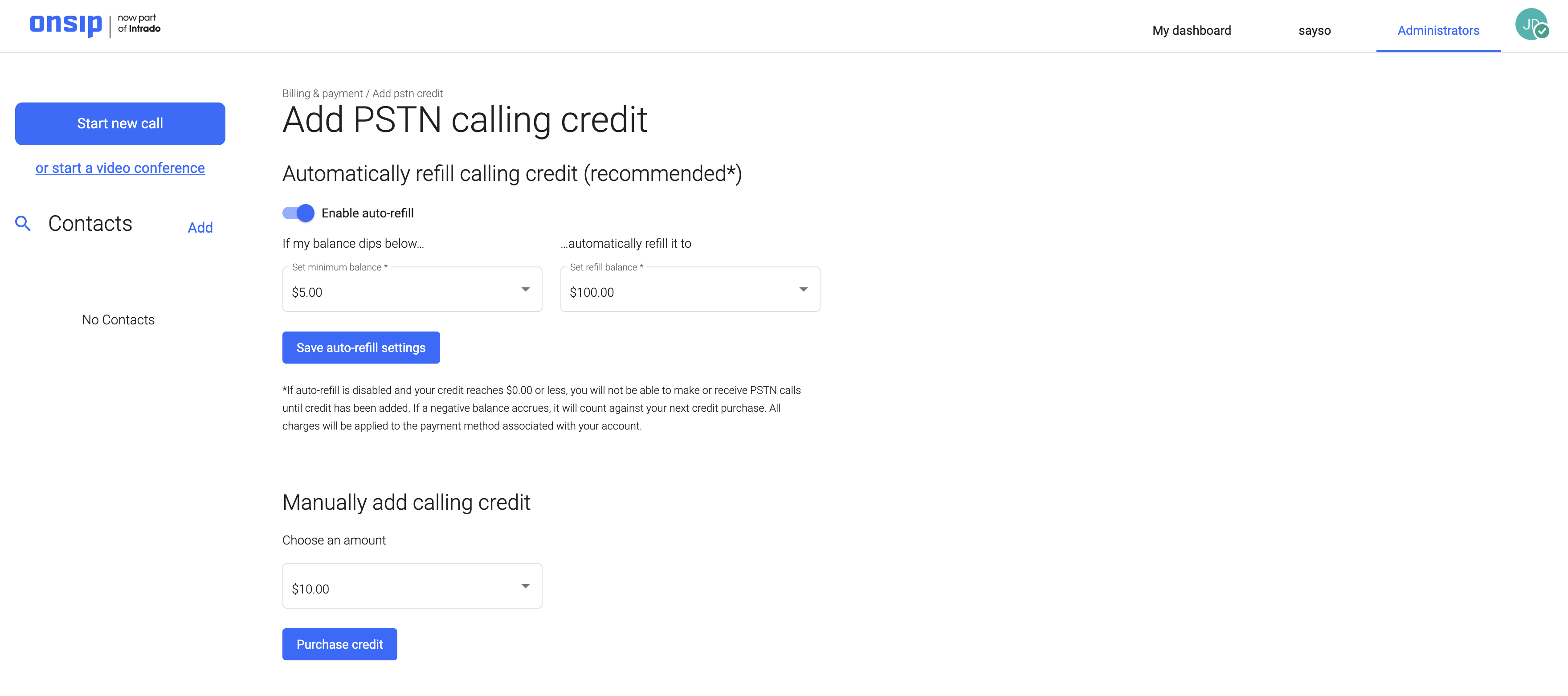 Screenshot of the Add PSTN Calling Credit options in the Billing section.