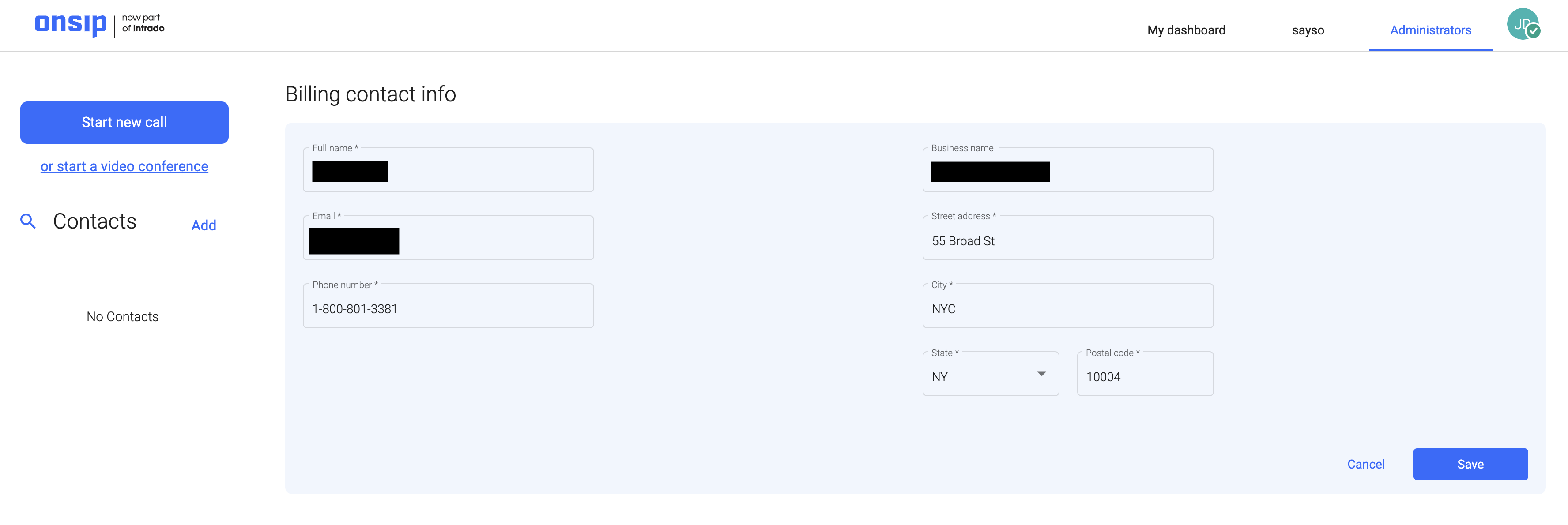 Screenshot showing how to edit your Billing Contact in the OnSIP web app.