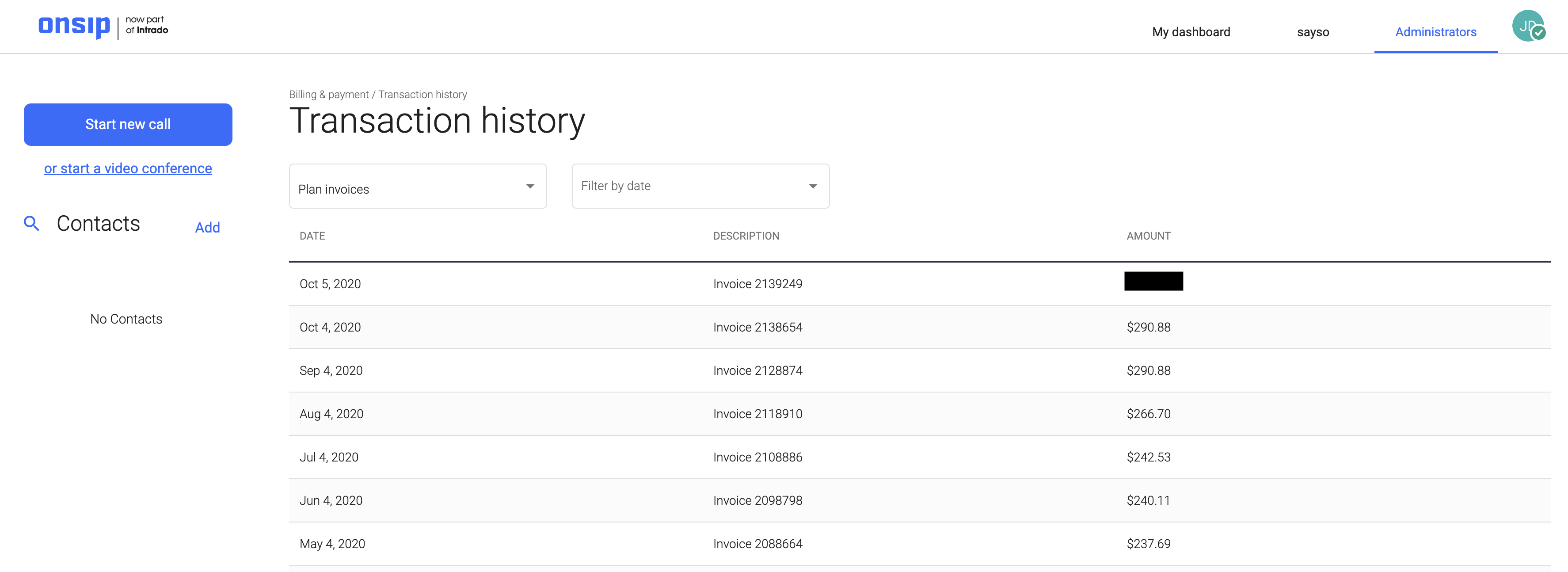 Screenshot of transaction history in the billing section.