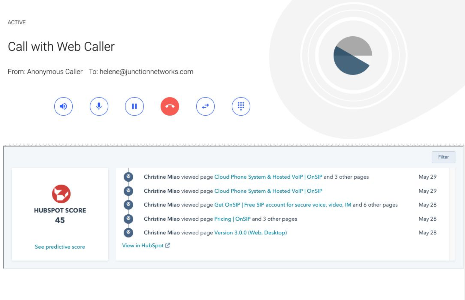 Screenshot showing the HubSpot CRM preview for an incoming sayso call.