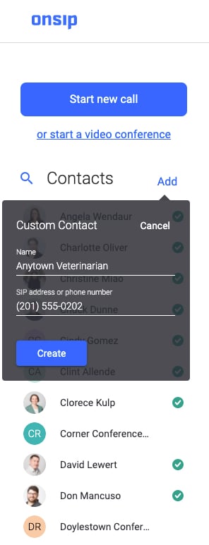 Screenshot showing how to add custom contacts into the OnSIP app.