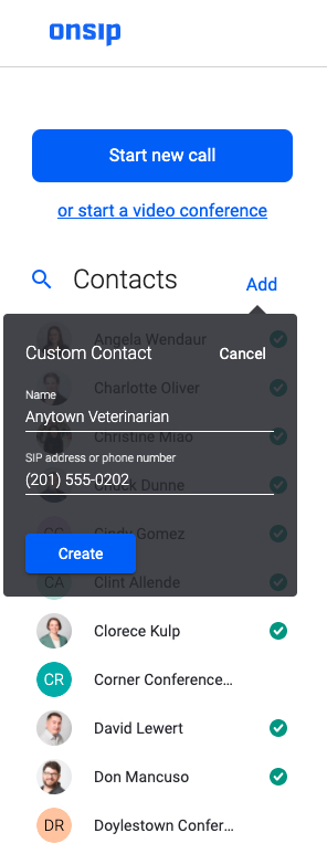 Screenshot showing how to add custom contacts into the OnSIP app.