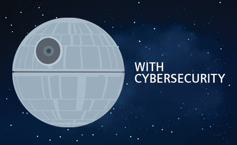 Gif showing the Death Star whole with cybersecurity and destroyed without cybersecurity.