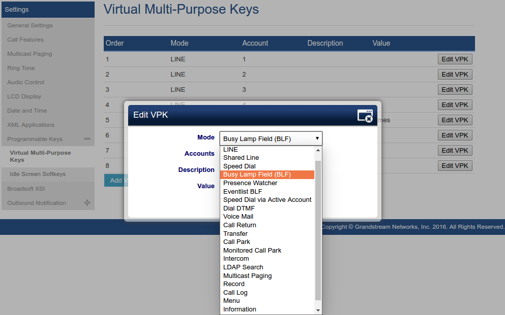 Grandstream GXP1782 vMPK Configuration Options