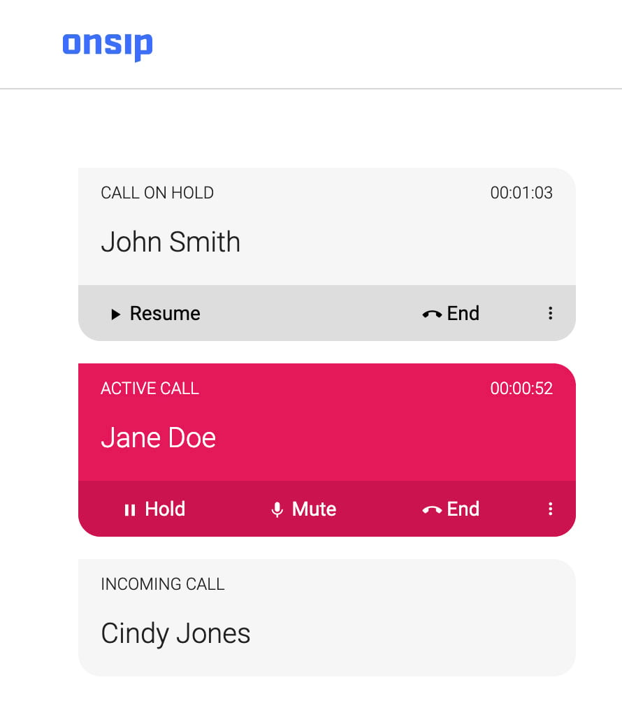 Multiple ongoing calls appear on the interface of the OnSIP app.