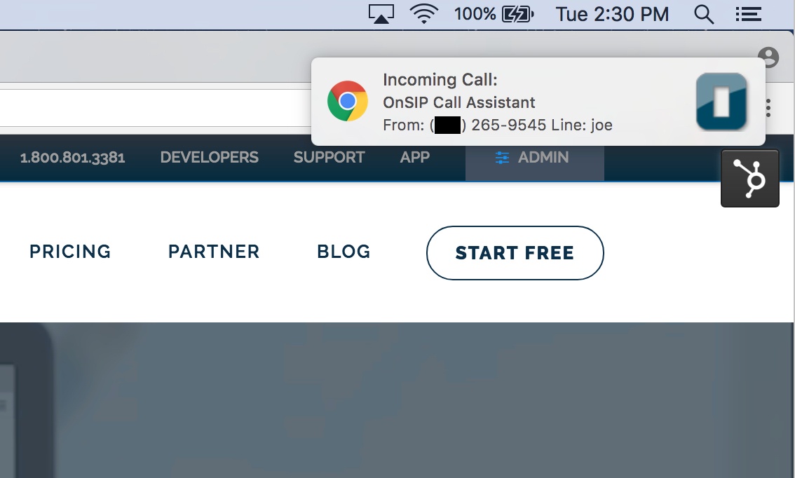 Chrome browser popup notifications for an incoming call.
