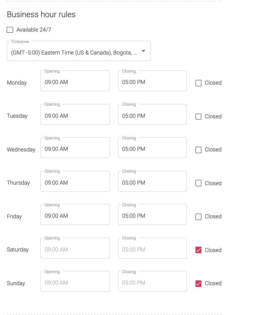 sayso settings screenshot showing business hour rules.