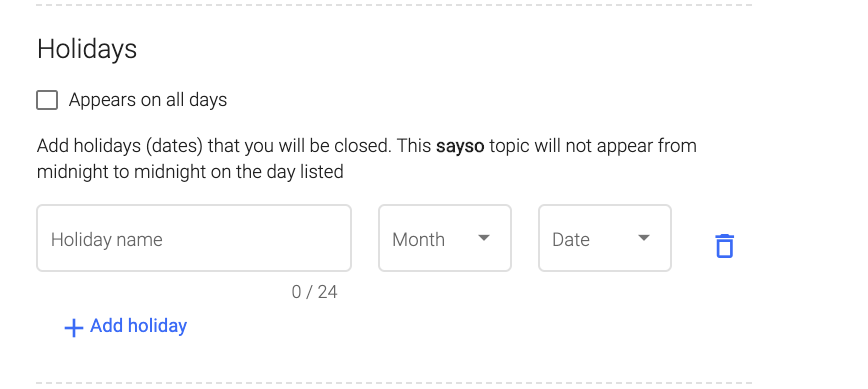 sayso settings screenshot showing holiday rules.